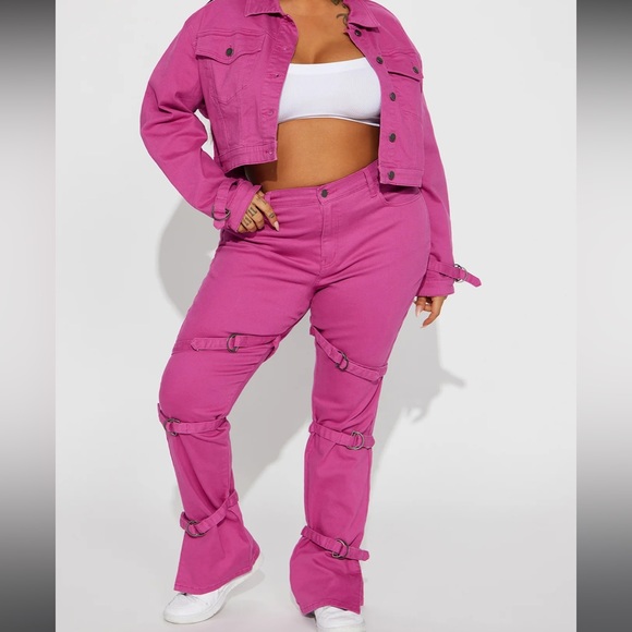 Lovefool Strappy Split Hem Straight Leg Jeans - Magenta - Picture 6 of 6